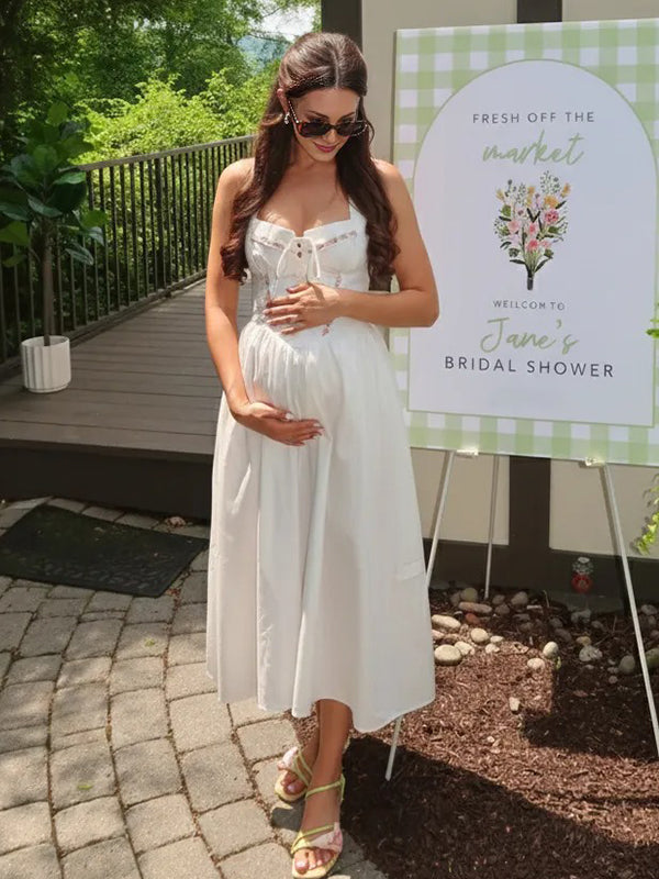 Momyknows White Flowers Lace-up Bodice Drop Waist Big Swing Maternity Maxi Dress