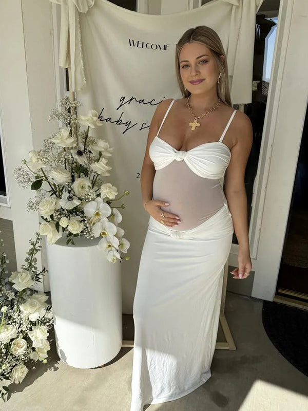 Momyknows White Mesh Phorwork Knot Ruched Cami Boycon Maternity Maxi Dress