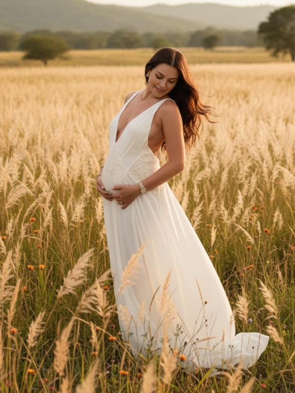 Momyknows Beige Mesh Backless Cami Big Swing Boho Maternity Maxi Dress