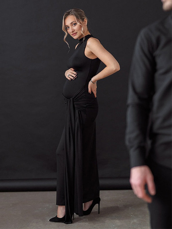 Momyknows Black Twist Draped Band Neck Bodycon Elegant Photoshoot Baby Shower Maternity Maxi Dress