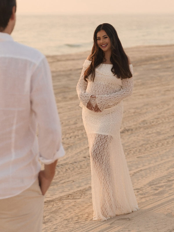 Momyknows Apricot 2 Pieces Off Shoulder Lace Photoshoot Maternity Maxi Dress