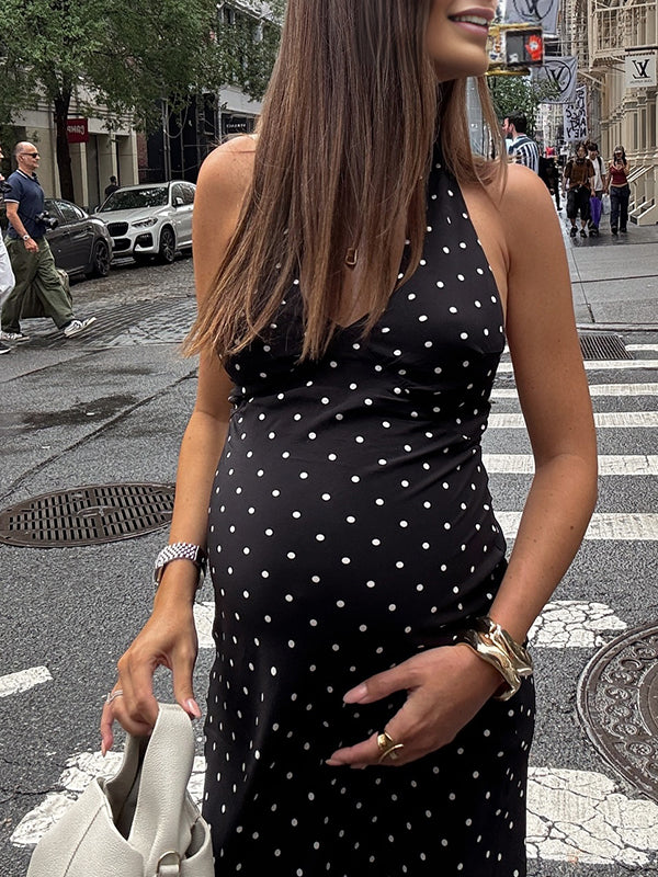 Momyknows Black Polka Dot Tie Back Baby Shower Maternity Maxi Dress