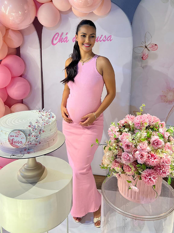 Momyknows Pink Solid Color Baby Girl Shower Maternity Maxi Dress