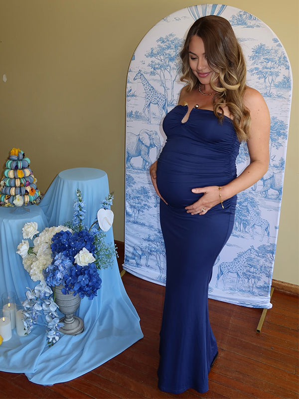Momyknows Blue Buckle Ruched Tube Baby Boy Shower Maternity Maxi Dress