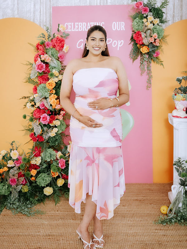 Momyknows Pink Floral Bandeau Irregular Baby Girl Shower Maternity Midi Dress