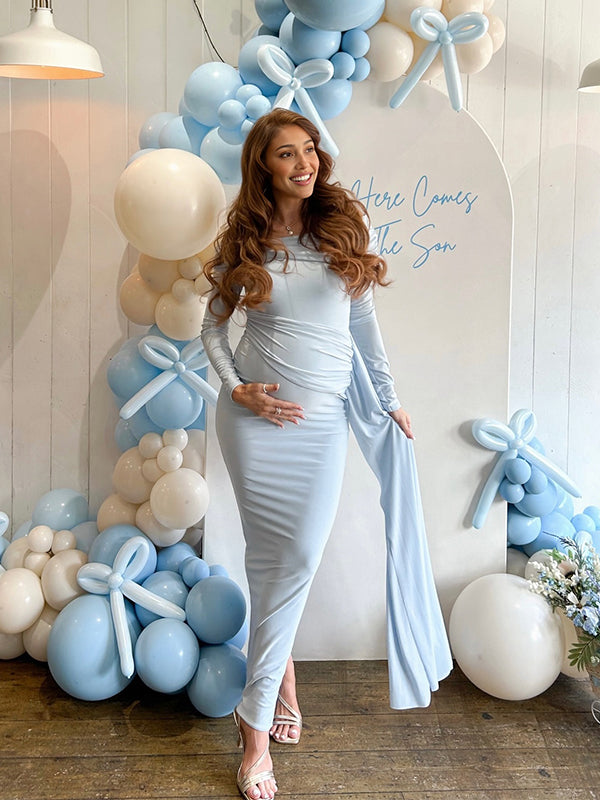 Momyknows Blue One Shoulder Ruched Draped Baby Boy Shower Maternity Maxi Dress