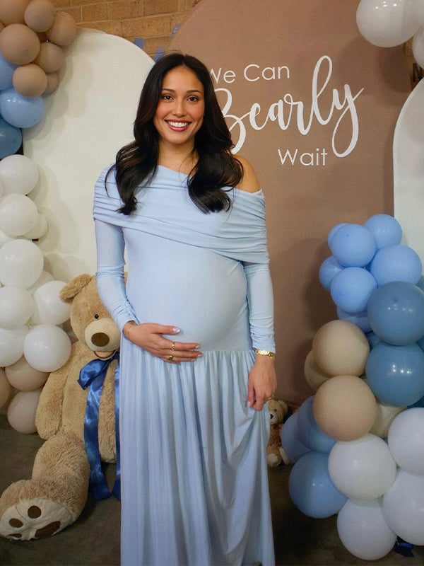 Momyknows One Shoulder Ruched Flowy Baby Shower Maternity Maxi Dress