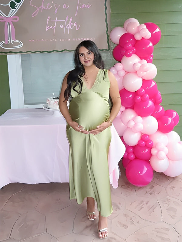 Momyknows Matcha Lace Backless Silk Baby Shower Maternity Maxi Dress