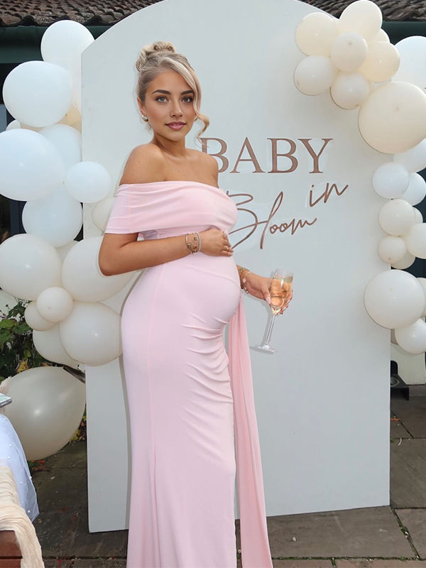 Momyknows Pink Off Shoulder Draped Baby Girl Shower Maternity Maxi Dress