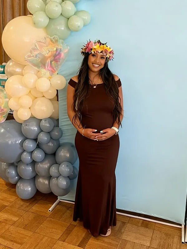 Momyknows Brown One Shoulder Baby Shower Maternity Maxi Dress