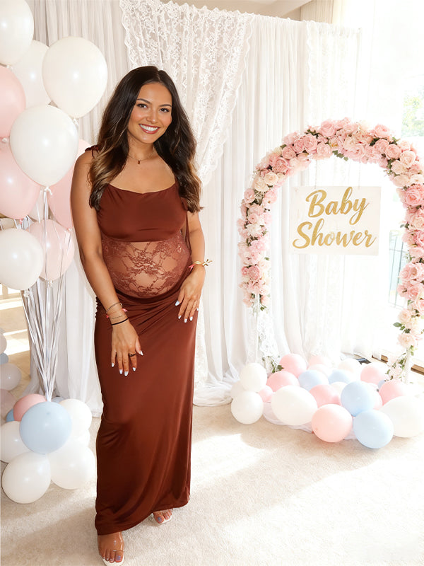 Momyknows Dark Brown Lace Cut Out Bow Baby Shower Maternity Maxi Dress