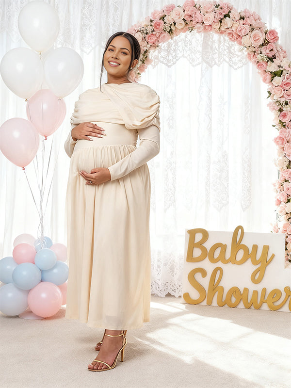 Momyknows Apricot Draped Ruched Grenadine Baby Shower Maternity Maxi Dress