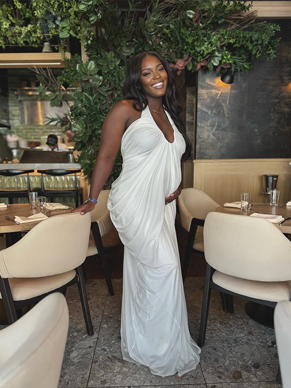 Momyknows White Ruched Halter Neck Baby Shower Maternity Maxi Dress