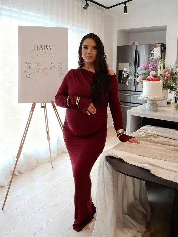 Momyknows Burgundy One Shoulder Ruched Flare Baby Shower Maternity Maxi Dress