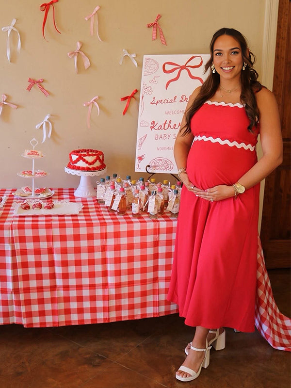 Momyknows Red Wave Lines Hit Color Baby Shower Maternity Maxi Dress