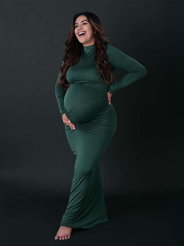 Momyknows Dark Green Ruched Photoshoot Maternity Maxi Dress
