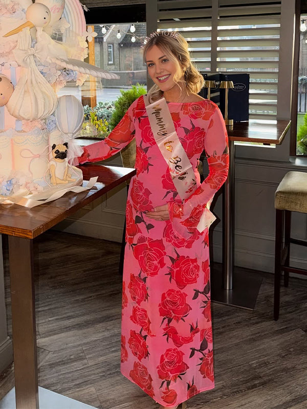 Momyknows Red Floral Sheer Baby Shower Maternity Maxi Dress