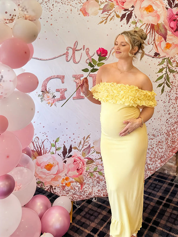 Momyknows 3D Flowers Off Shoulder Baby Shower Maternity Maxi Dress