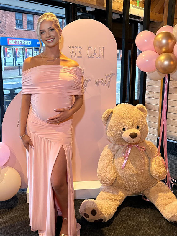 Momyknows Pink Off Shoulder Side Slit Ruched Baby Girl Shower Maternity Maxi Dress