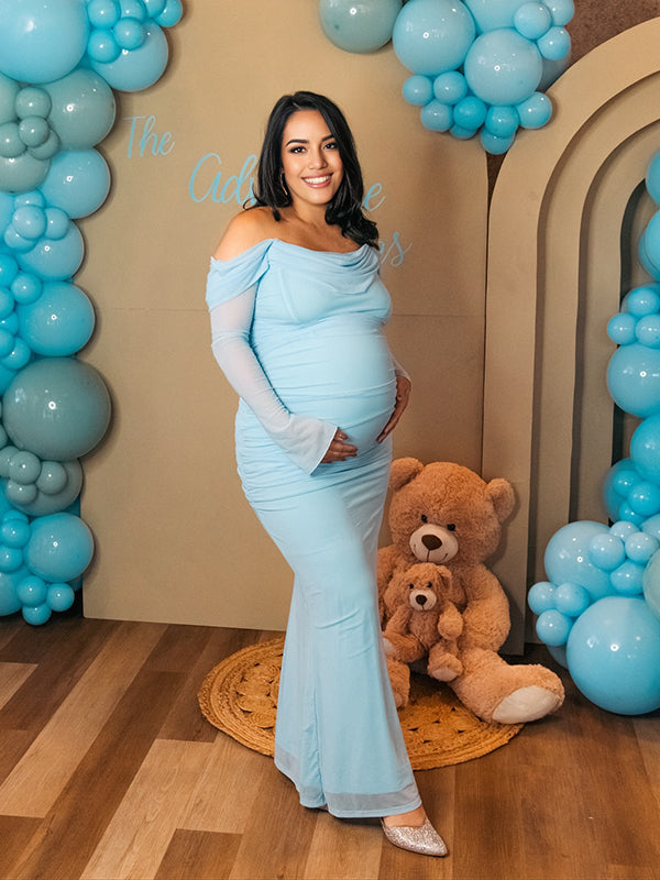 Momyknows Blue Off Shoulder Grenadine Ruched Baby Boy Shower Maternity Maxi Dress