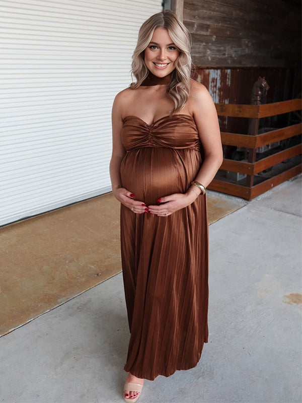 Momyknows Brown Wrap Pleated Ruched Baby Shower Maternity Maxi Dress