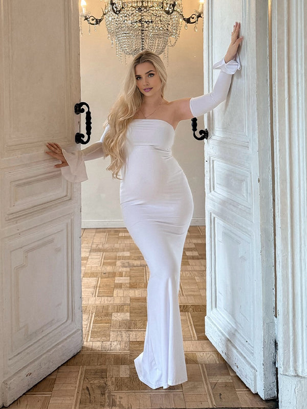 Momyknows White Off Shoulder Flare Photoshoot Maternity Maxi Dress