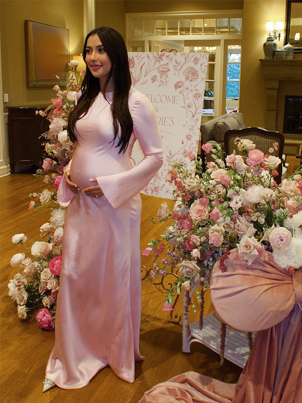 Momyknows Pink Silk Baby Girl Shower Maternity Maxi Dress