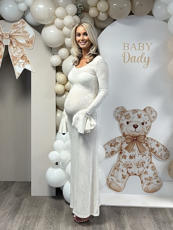 Momyknows White Lace Floral Sheer Baby Shower Maternity Maxi Dress