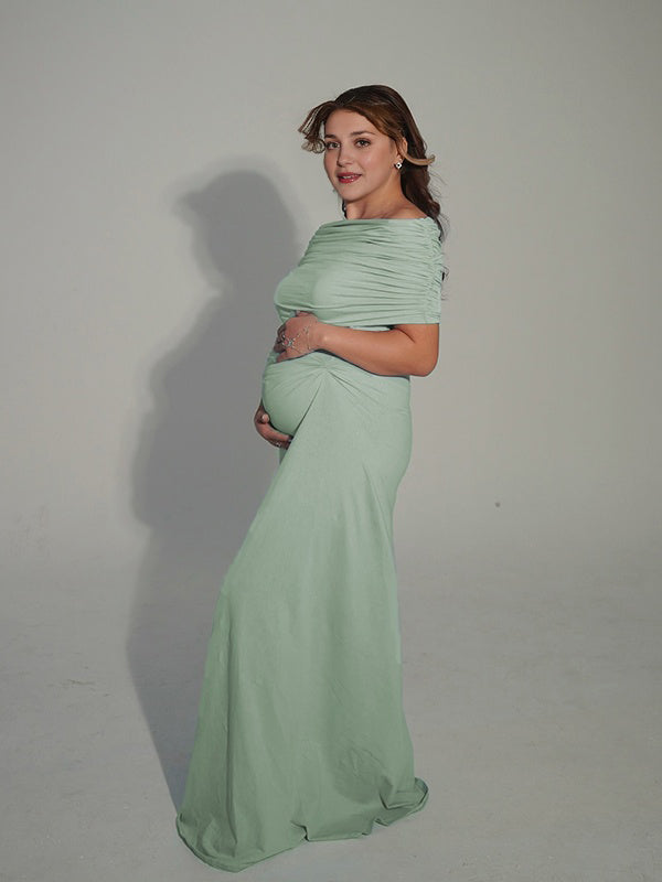 Momyknows Green Off Shoulder Ruched Twist Photoshoot Maternity Maxi Dress