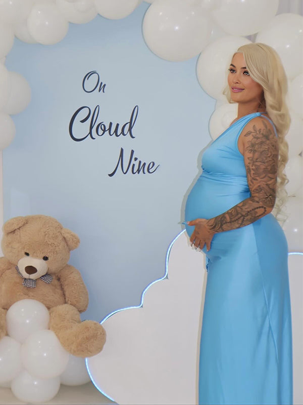 Momyknows Blue One Shoulder Ruffle Slit Baby Boy Shower Maternity Maxi Dress