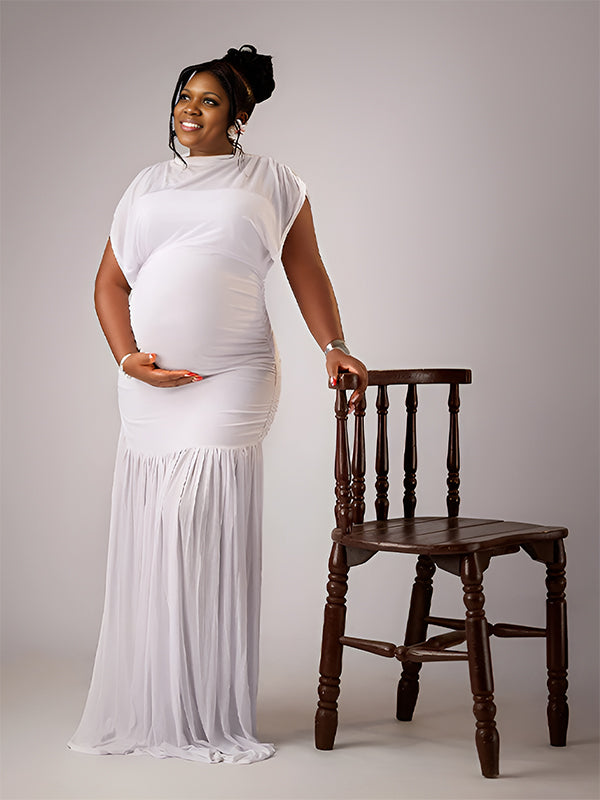 Momyknows White Ruched Grenadine Sheer Photoshoot Maternity Maxi Dress