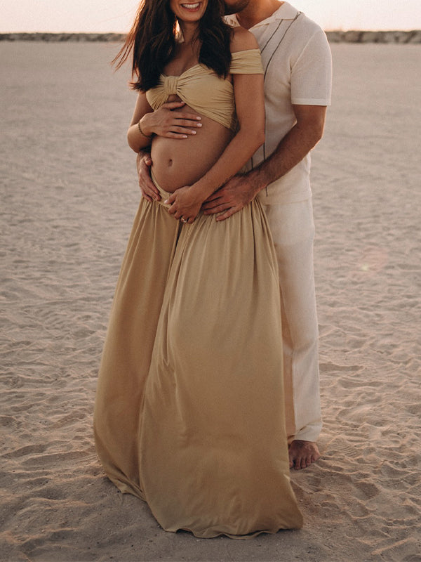 Momyknows Khaki 2-in-1 Off Shoulder Twist Ruched Photoshoot Maternity Maxi Dress