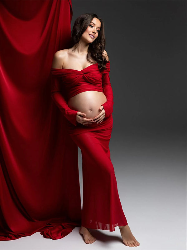 Momyknows Red 2-in-1 Off Shoulder Twist Grenadine Sheer Photoshoot Maternity Maxi Dress
