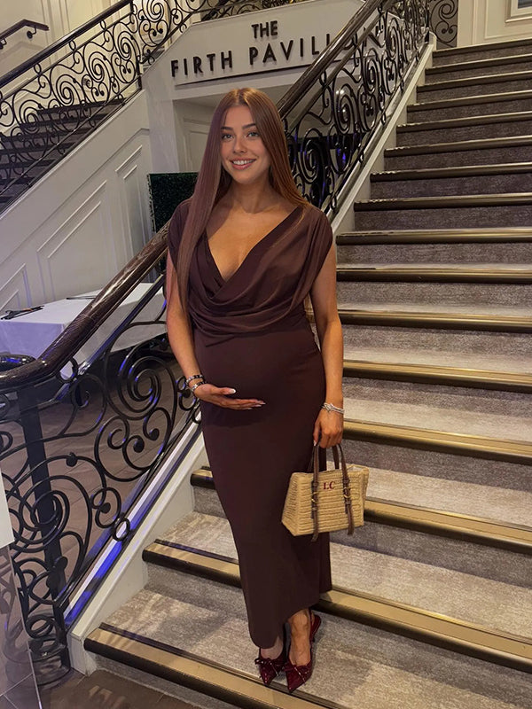 Momyknows Brown Cowl Neck Maternity Maxi Dress