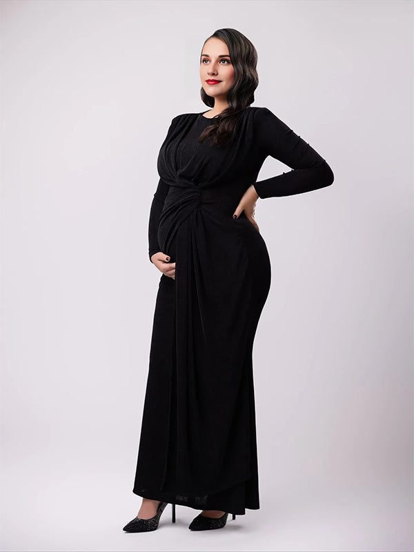 Momyknows Black Ruched Twist Photoshoot Maternity Maxi Dress