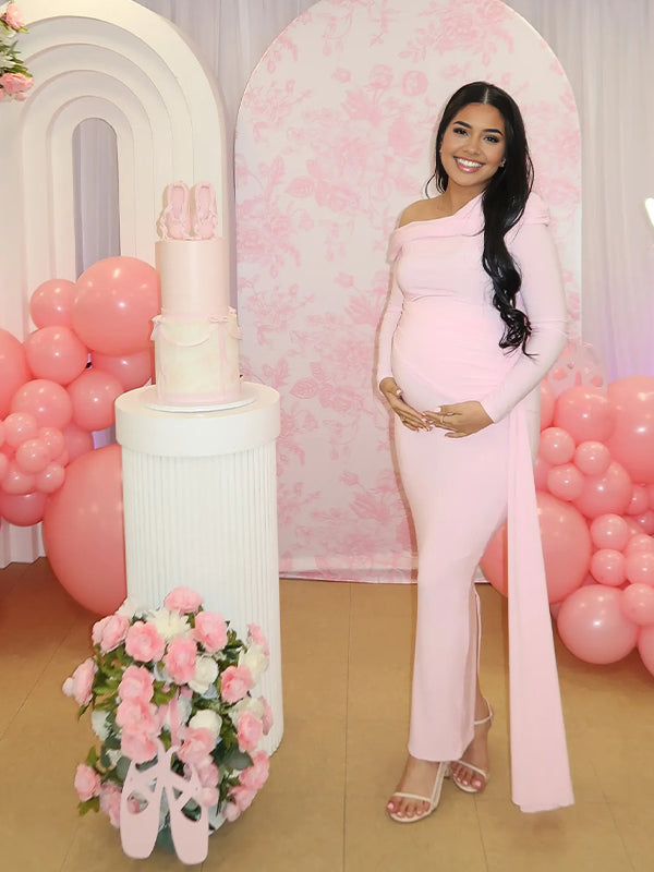 Momyknows Pink One Shoulder Ruched Draped Baby Girl Shower Maternity Maxi Dress