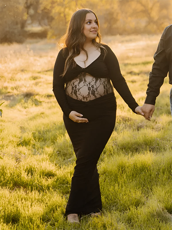 Momyknows Black Lace Cut Out Sheer Photoshoot Maternity Maxi Dress