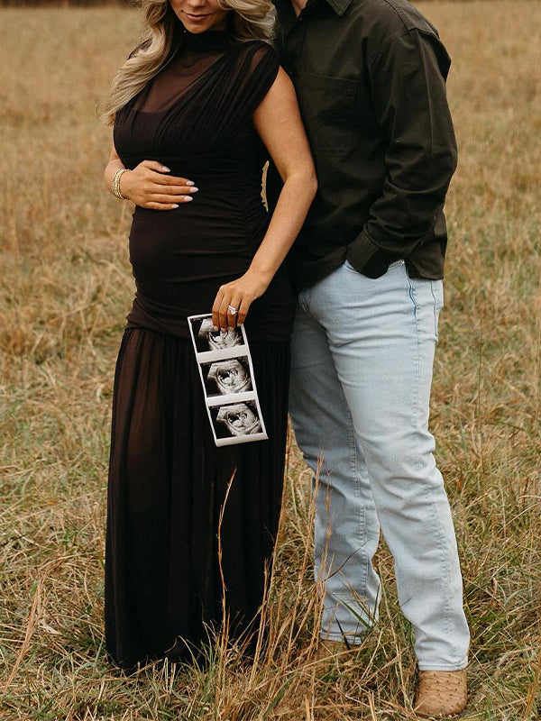 Momyknows Black Ruched Grenadine Sheer Photoshoot Maternity Maxi Dress