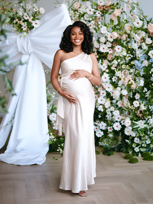 Momyknows White One Shoulder Ruffle Side Slit Silk Photoshoot Maternity Maxi Dress