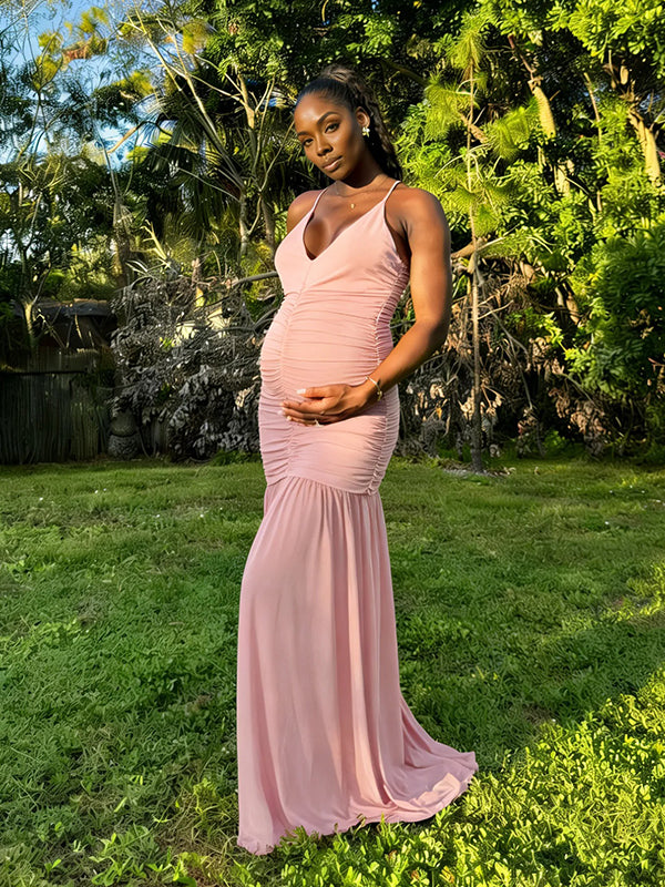 Momyknows Ruched Grenadine Sheer Backless Photoshoot Maternity Maxi Dress