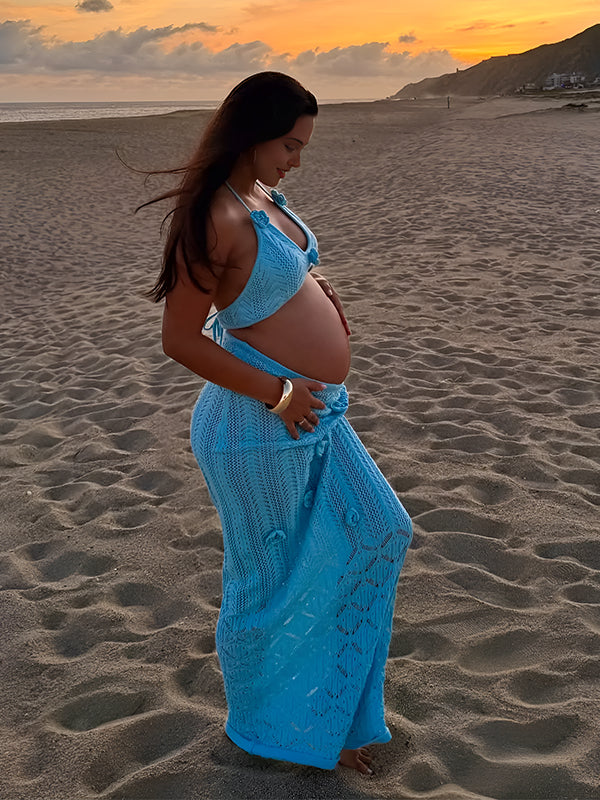 Momyknows Blue 2 Pieces Knit 3D Flowers Cut Out Photoshoot Maternity Maxi Dress