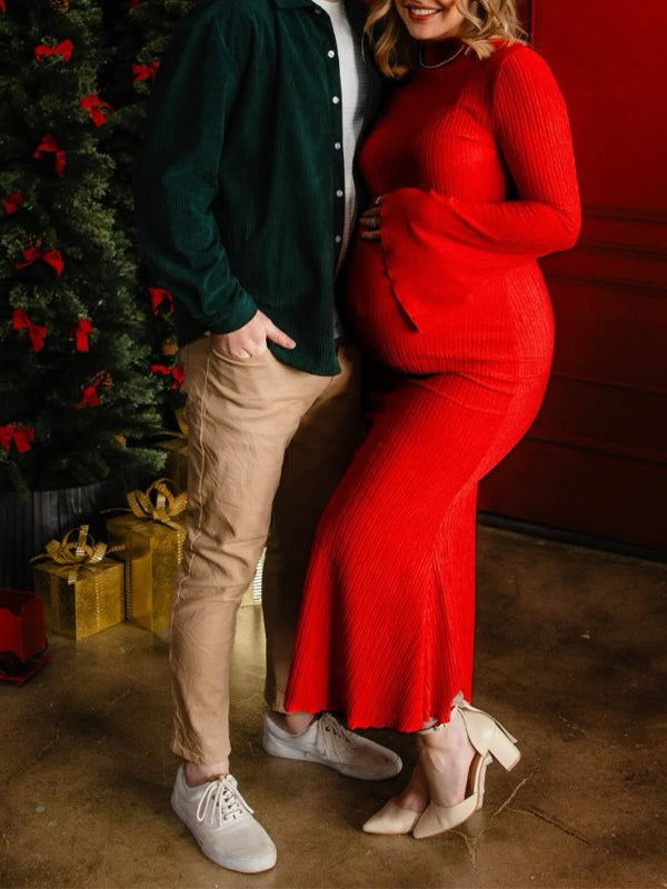 Momyknows Red Smocked Christmas Photoshoot Maternity Maxi Dress