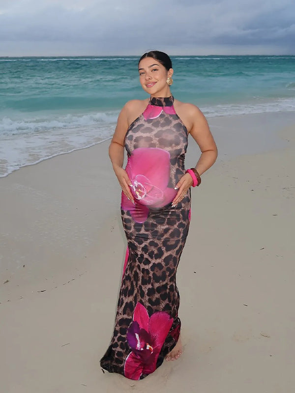 Momyknows Leopard Flowers Backless Photoshoot Maternity Maxi Dress
