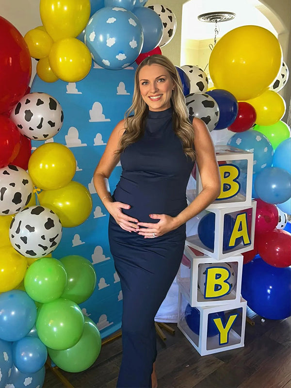 Momyknows Navy Blue Solid Ruched Baby Shower Maternity Maxi Dress