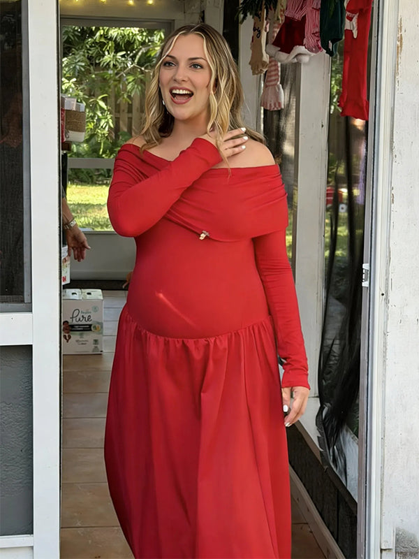 Momyknows Red Off Shoulder Flowy Baby Shower Maternity Maxi Dress