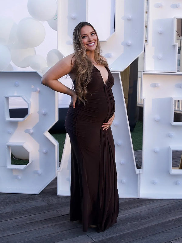 Momyknows Coffee Ruched Draped Backless Deep V-neck Baby Shower Maternity Maxi Dress