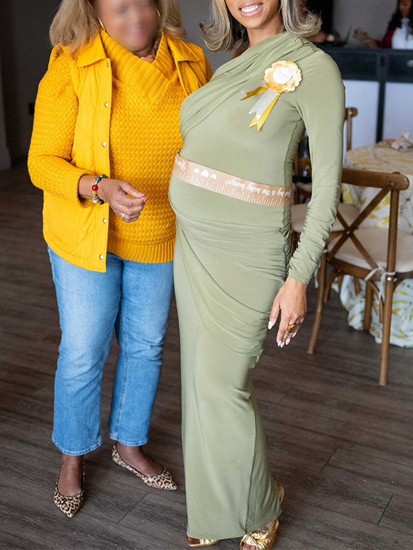 Momyknows Green One Shoulder Ruched Baby Shower Maternity Maxi Dress