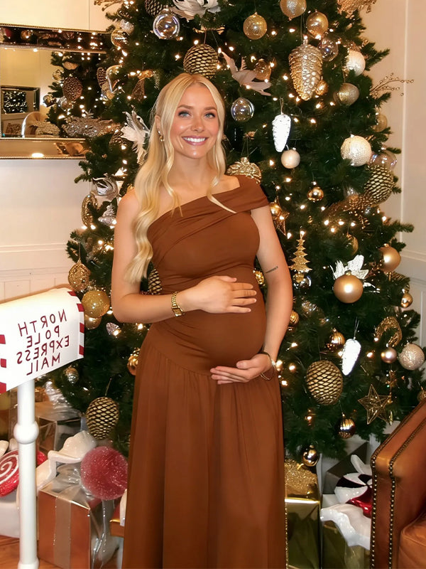 Momyknows Brown One Shoulder Side Slit Photoshoot Maternity Maxi Dress