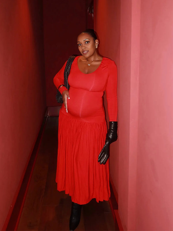 Momyknows Red Solid Color Party Maternity Maxi Dress
