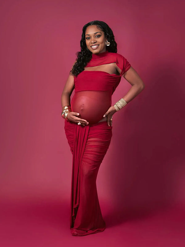 Momyknows Red Cut Out Ruched Draped Grenadine Sheer Photoshoot Maternity Maxi Dress